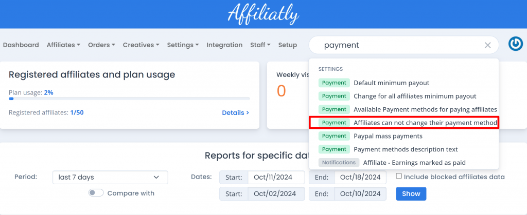 affiliates cannot change payment method via searchbar