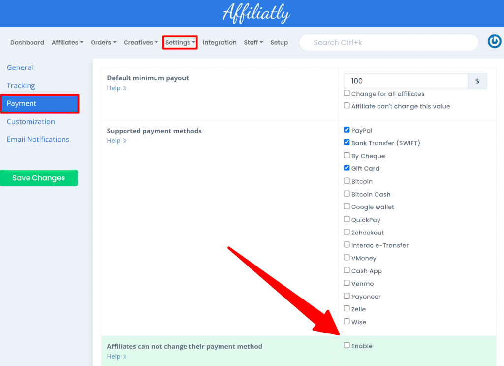 affiliates cannot change their payment method
