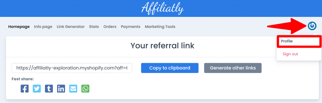 affiliate dashboard profile